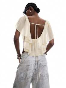 LYSMO Women's Elegant Solid Color Ruffle Trim Backless Cropped Top, Summer - Apricot - View 2
