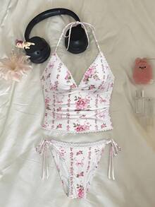 SHEIN MOD Women's Summer Beach Floral Print Halter Tankini Swimwear Set - Baby Pink - View 2
