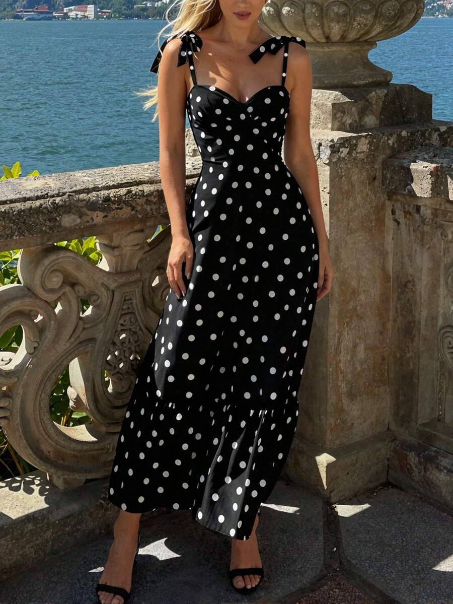 DrmWander Women's Sweetheart Collar Sleeveless Black And White Polka Dot Summer Ruffle Hem Mid-Length Dress Vacation Party Romantic 1940s Vintage - Multicolor - View 1