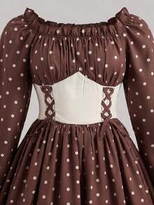 SHEIN Gaun klasik musim semi/gugur yang manis, berwarna aprikot, dengan kerah persegi, lengan lonceng, panjang sedang, dan ikat pinggang, cocok untuk anak perempuan usia praremaja. Cocok untuk dipakai sehari-hari, pesta, belanja, dan acara lainnya. - Coklat - View 7