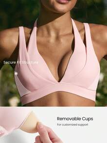 GLOWMODE FeatherFit™-Sculpt Double Glow Buttery-Soft Stretchy Compressive Removable Cups Push-Up Adjustable Halterneck 2 In 1 Style Sports Bra Medium Impact Training Running Workout Gym Wear - Pink - View 4