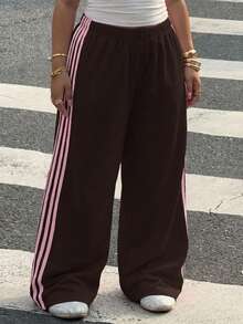 Muchica Pantalones casuales versátiles de uso diario con parches de colores para mujer de talla grande - Marrón - Ver 3