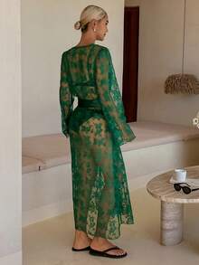 Livesso 女款蕾絲和服式晨袍附腰帶，寬鬆版型長版開襟睡袍，夏季居家睡衣 - 綠色 - 查看 2