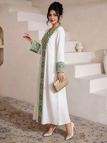 SHEIN Najma 花卉印花V領長袖長洋裝，優雅阿拉伯風情服飾，春夏時尚 - 彩色 - 查看 7