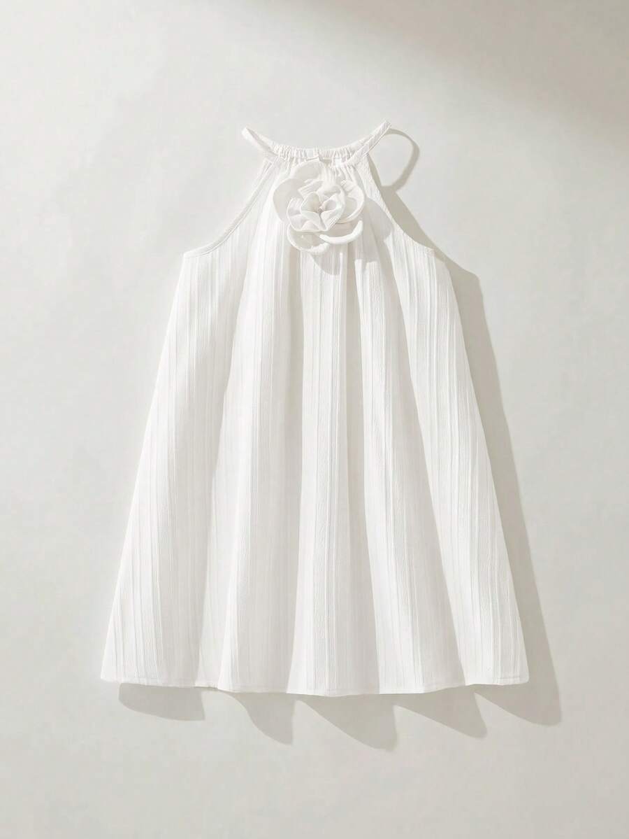 Maija Kids Maija Kids 1件少女優雅度假休閒寬鬆白色花卉裝飾吊帶洋裝,適合日常穿著、聚會、外出,春夏款 - 白色 - 查看 1