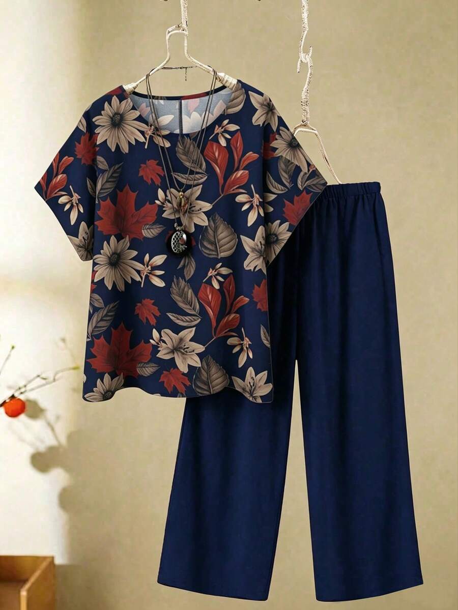 SHEIN 大尺碼女款花卉印花圓領上衣與長褲休閒套裝 傳統90年代波西米亞風 海灘度假 海軍藍 夏季 - 藏蓝色 - 查看 1