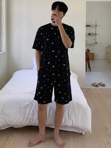 DAZY 黑色花卉印花短袖上衣和短裤男士睡衣套装 - 黑色 - 查看 5