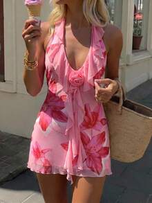 Aloruh Women's Spring/Summer Deep V Floral Mini A-Line Dress For Vacation, Date Vacation, Party, Beach Pink Floral Casual, Graduation Clothing - Pink - View 1