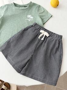 Cozy Pixies Young Boy Coconut Tree Pattern Knit Soft Crew Neck Short Sleeve Top And Elastic Waist Shorts 2 Piece Set - Multicolor - View 6