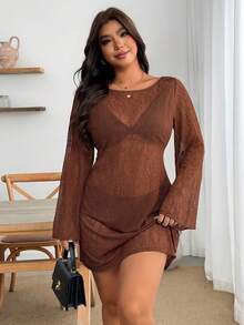 Enliva Đầm ôm dáng xòe tay loe hở lưng màu nâu, chất dệt kim mỏng nhẹ xuyên thấu, phong cách Boho hiện đại đô thị Y2K retro sexy cho nữ size lớn, đi biển nghỉ dưỡng - màu nâu - Xem 5
