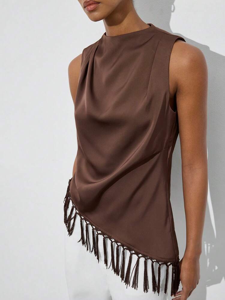 SHEIN Maija Women's Coffee Brown Sleeveless Top With Asymmetrical Hem And Tassel Decor,Summmer Elegent Date Night Vintage Old Money Teacher Party Beach Holiday