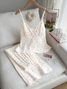 Comfortcana Plus Size 2pcs Set: Pink Contrast Floral V-Neck Ruffle Camisole And Shorts, Casual For Spring/Summer - White - View 7
