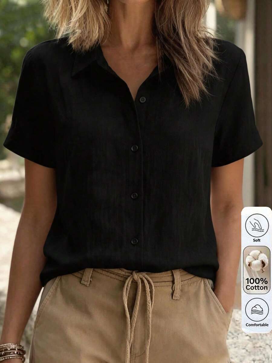 SHEIN Holidaya 女款素色短袖單排扣休閒襯衫 - 黑色 - 查看 1