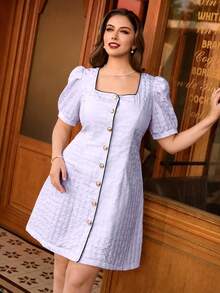 SHEIN Clasi Plus Size Women's Purple Houndstooth Textured Fabric Square Neck Short Sleeve Casual Elegant Retro Dress - Purple - View 1