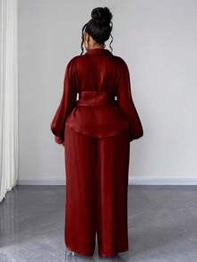 Maweii Plus Size Bowknot Waist Tie Shirt With Wide Leg Pants Two Pieces Set, Elegant Ladies Suit - Burgundy - View 2