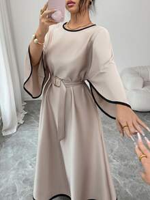 SHEIN Raffinéa Women's Elegant Refined Commuting Outing Date Dress, Batwing Sleeve Cinched Waist Long Khaki Dress, Spring/Summer - Khaki - View 7