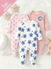 SHEIN 【随机3套，送1套】新生儿连体衣，彩色花卉印花，清新可爱，ins风，多巴胺色调，亲肤柔软舒适，圆领长袖，裆部按扣设计，适合居家、休闲、日常外出，四季皆宜。 - 彩色 - 查看 6