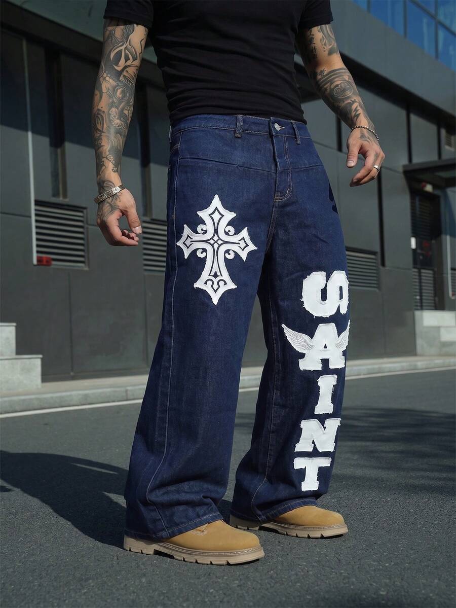 Manfinity Roghcode Men's Letter Cross Graphic Wide Leg Loose Casual Streetwear Jeans Holiday Dark Blue Summer, Gothic Style - Dark Wash - View 1