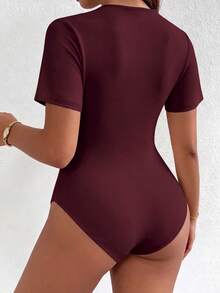 Elenzga Plus Size Women's Spring/Summer Solid Color Elegant Elastic Bodysuit, Asymmetric Design, Ruched Detail, Round Neck Short Sleeve, Versatile For Work And Everyday Wear - Burgundy - View 2