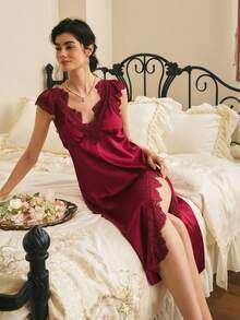 Côtesoire Elegant And Noble French Romantic Lace Patchwork Backless Tie Hollow Out Ruffle Satin Women Nightgown - Burgundy - View 4