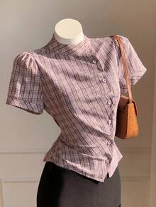 Comfortcana 夏季新款女款格紋寬鬆70年代復古短袖收腰襯衫，適合音樂節、學校、酷感、街頭、復古、Y2K、休閒與校園風，粉色上衣 - 粉色 - 查看 4