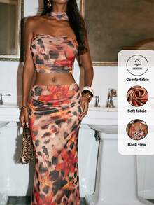 Opulessa 2pcs Women's Knit Mesh Cheetah Printed Tube Top & Mermaid Skirt Set,Red And Black,Summer,Boho,Holiday,Vacation,Holiday, Elegant Party Club Outfits - Brown - View 8