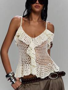 LYSMO Top de camisola de punto de uso diario versátil y casual con volantes y diseño calado de unicolor para mujer - Beis - Ver 7