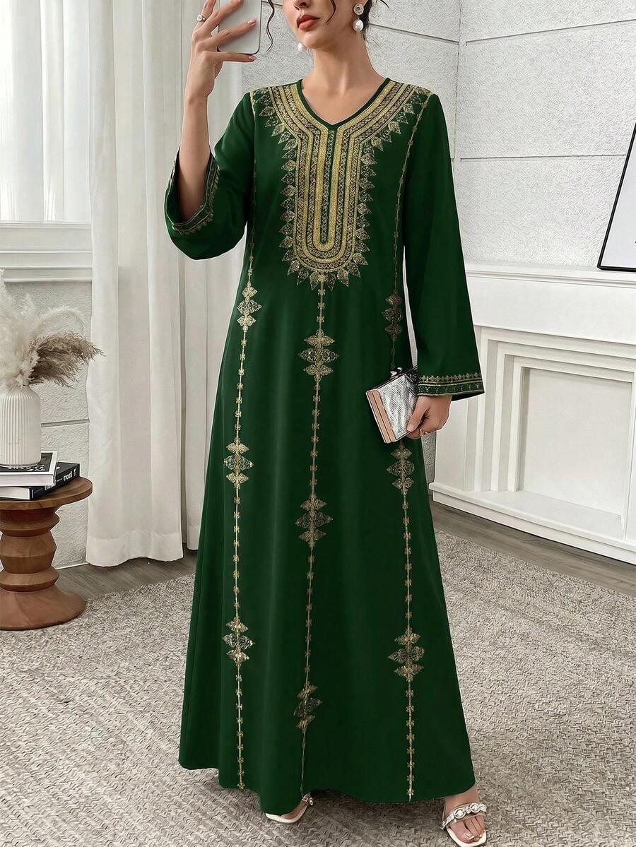 Al Najma 女款度假波希米亞風V領長袖刺繡阿拉伯洋裝 - 彩色 - 查看 1