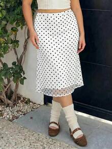 GalTyme Plus Size Polka Dot Print Fitted Casual White Skirt, Summer - White - View 6