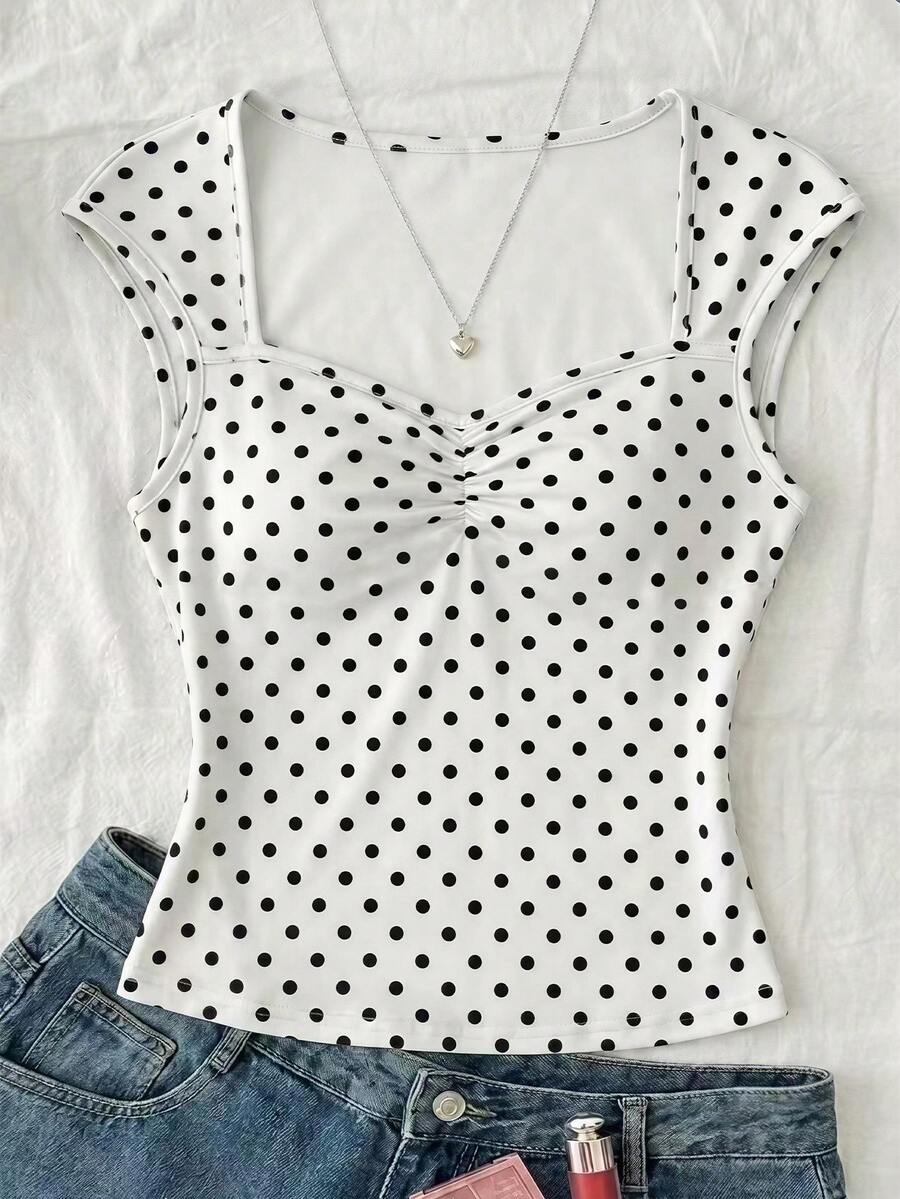 SHEIN Teen Girl Summer Casual Polka Dot Print T-Shirt - White - View 1