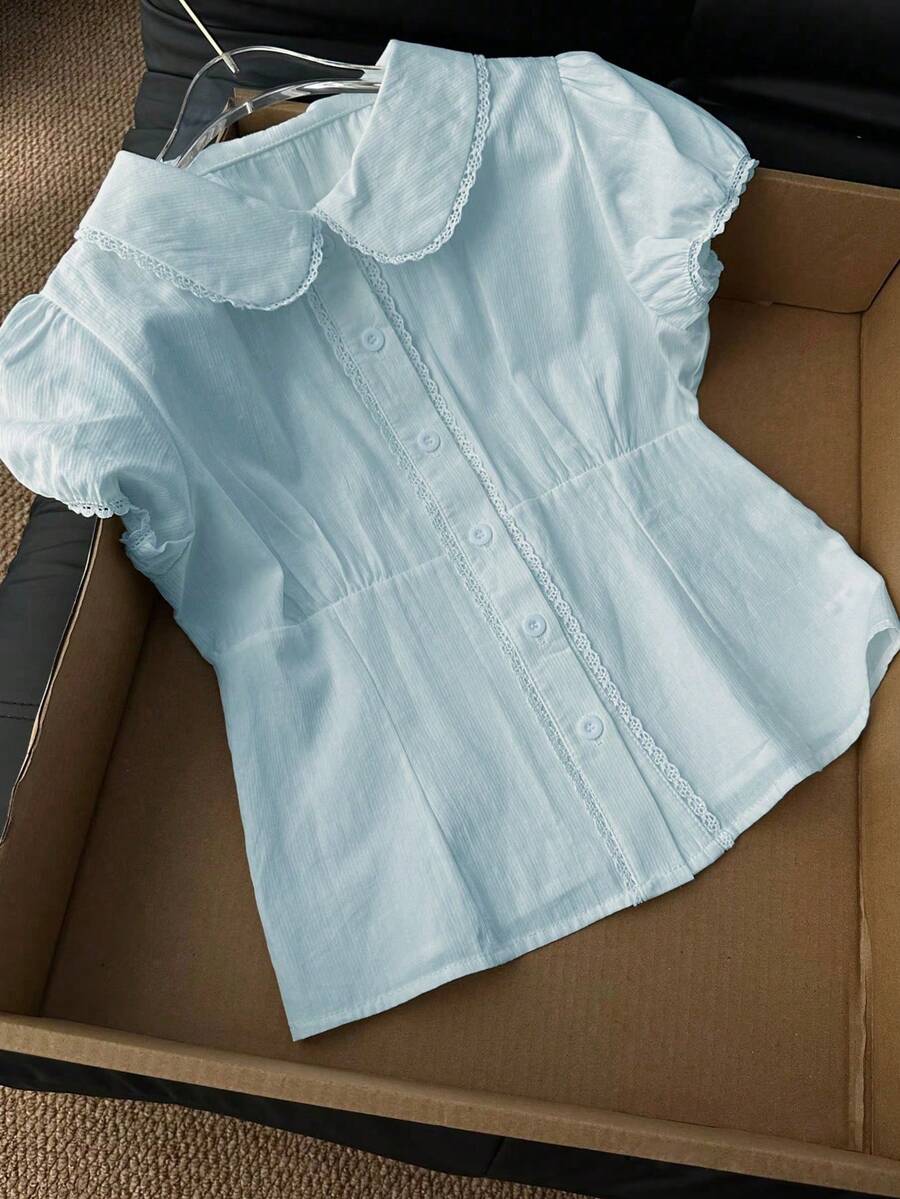GlowEve Women's Peter Pan Collar Lace Trim Single-Breasted Puff Sleeve Short Sleeve Blouse - Baby Blue - View 1