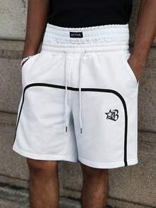 PAVTROS Men's Casual Letter Print Dual Waistband Shorts, Colorblock Design, Streetwear Style, Loose Fit, Versatile, Holiday - White - View 3