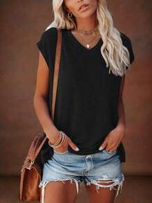 SHEIN LUNE Casual Versatile Solid Color T-Shirt, Summer Everyday Black - Black - View 3
