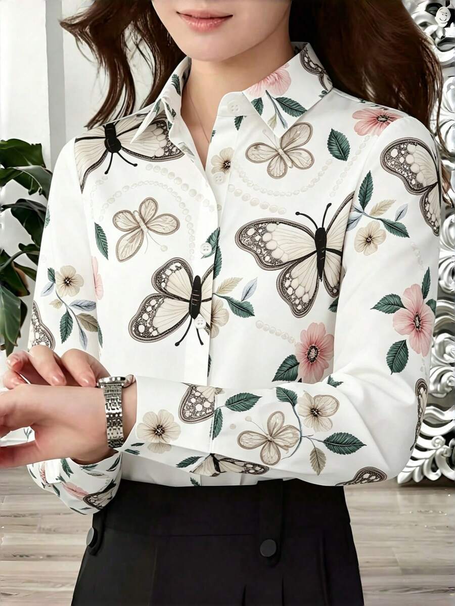 SHEIN LUNE 女款休閒優雅蝴蝶與花卉印花前扣長袖襯衫 - 彩色 - 查看 1