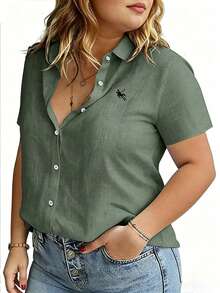 Linhara CURVE Large-Sized Woven Embroidered Casual Summer Shirt For Vacation - Green - View 4