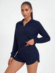 SHEIN BASICS Sports Tennis Basic Outdoors With SWEATSHIRT AND SHORT Pants SET - Navy Blue - View 4