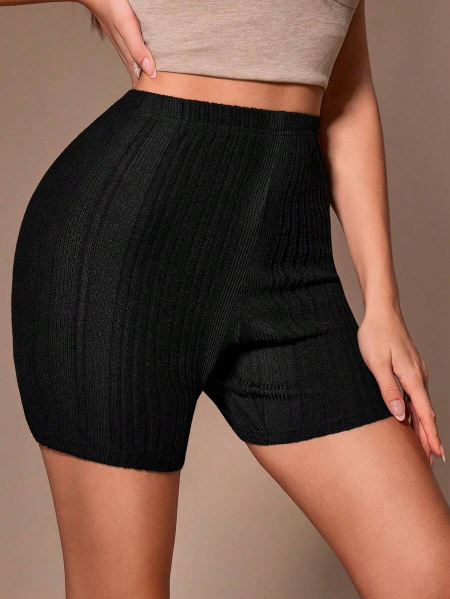 Lazeform Solid Color Minimalist Casual Brushed Ribbed Slim Fit Women Shorts, Suitable For Loungewear Or Outerwear Home Black Summer - Black - View 1