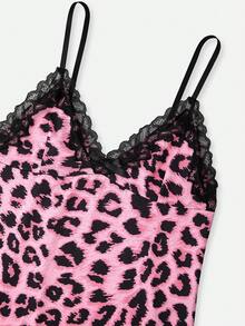 Bella Beso 2 pièces Nuisette sexy pour femmes, imprimé léopard, patchwork de dentelle contrastée, nœud, sans manches, imprimé, ourlet fendu, camisole de nuit pour l'été - Multicolore - Voir 4