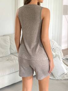 Moonlight&Mama Solid Color Rib Knit Crew Neck Short Sleeve Top With Side Slits And Shorts Maternity Loungewear Set, Casual Essential - Khaki - View 2