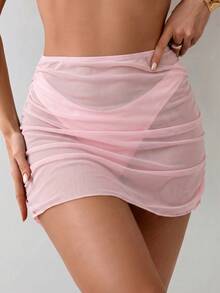 Swim Chiccia Vacation Beach Solid Color Sheer Mesh Cover-Up & Skirt Set - Pink - View 1