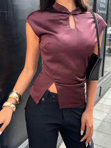 Aloruh 女款優雅新中式鈕扣開襟立領修身襯衫，純白色上衣 - 酒紅色 - 查看 6