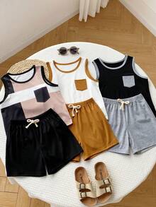SHEIN 6件組男童休閒無袖圓領上衣與短褲兩件套，買2送1，舒適百搭，適合學校、花園、海灘、生日，適用於春、夏、秋、冬 - 彩色 - 查看 6