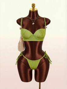 Amplova 2pcs Women's Sexy Halter Rope Detail Swimwear, Shiny Metallic Rope Cup Detail Sexy & Avant-Garde, Suitable For Beach Holiday, Green - Green - View 7