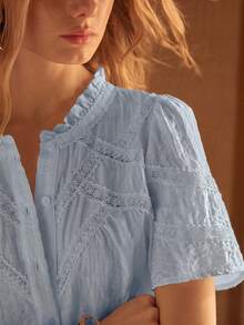 MOTF STUDIO WOMEN'S LYOCELL JACQUARD PATCHWORK BLOUSE WITH FRILL TRIM - Blue - View 1