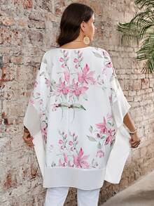 EMERY ROSE Plus Size Women Floral Print Batwing Sleeve Loose Blouse Fall - Multicolor - View 2
