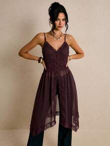 Poéselle Elegant Solid Color Lace Patchwork Camisole Top, Summer - Coffee Brown - View 3