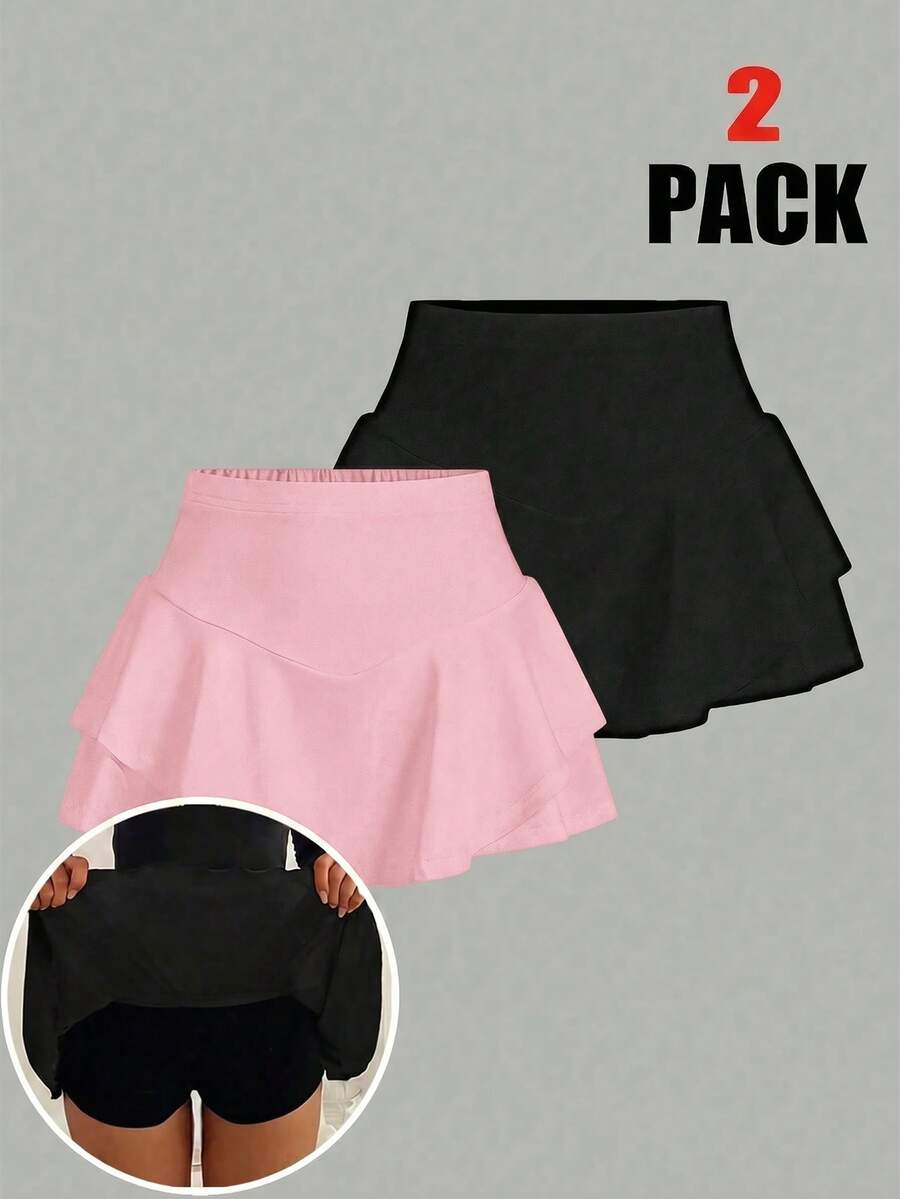 SHEIN Girlism Tween Girl 2 Packs Knitted Solid Color Cute Ruffle Layered Built-In Shorts Mini Skirt, Back To School, Teen Skirts Set, Ruffle Skort 3packs Set - Multicolor - View 1