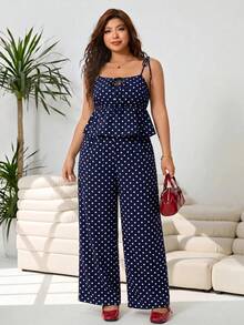 Solflare Navy Blue Plus Size Polka Dot Print Camisole And Casual Pants 2 Pieces Set - Navy Blue - View 8