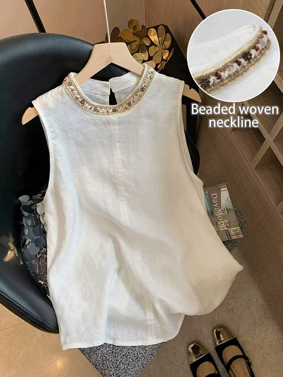SHEIN Franclia 女士无袖衬衫领珍珠刺绣亚麻质感无袖露背休闲度假优化吊带背心 - 白色 - 查看 1