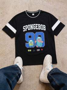 SpongeBob SquarePants | SHEIN Men's Contrast Color Letter & Cartoon Print Round Neck Short Sleeve T-Shirt - Black - View 3